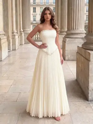 Beaded Strapless Pleated Evening Gown