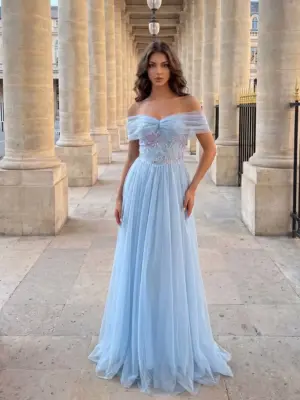 Off-Shoulder Floral Mesh Evening Gown