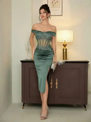 Off-Shoulder Satin Corset Cocktail Dress