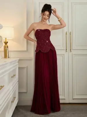 Pearl Embellished Strapless Evening Gown