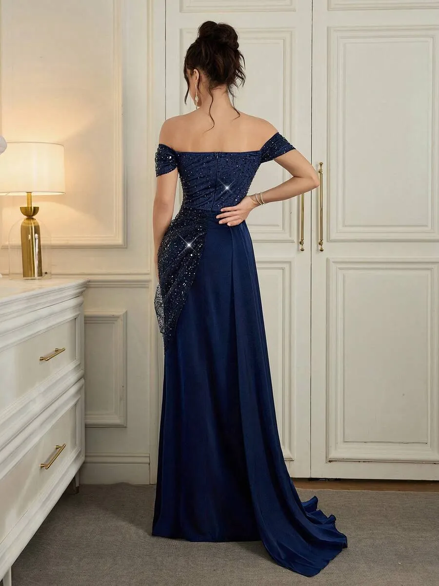 Shoulder Sequin Mermaid Evening Gown